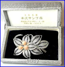 VTG Chinese Export Sterling Silver Filigree Angel Skin Coral BROOCH Orig Box