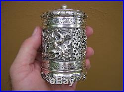 Very Rare Antique 1800s Ornate Chinese Silver 4 Box Set + Jade Top Dragons Etc