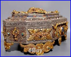 Very Rare Old Large Chinese Golden Sterling Silver Cover Jewelry Box A05