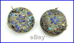 Very fine pair Chinese filigree silver with enamel bats design lockets
