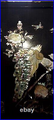 Vint. Chinese Black Lacquer Mother of Pearl Birds of Paradise Silver Jewelry Box