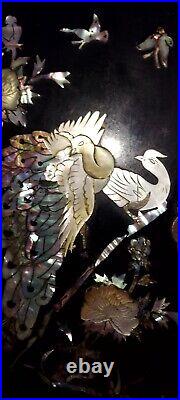 Vint. Chinese Black Lacquer Mother of Pearl Birds of Paradise Silver Jewelry Box