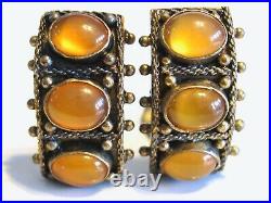 Vintage Antique Chinese Export Silver Orange Jade Carnelian Stone Earrings & Box