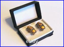 Vintage Antique Chinese Export Silver Orange Jade Carnelian Stone Earrings & Box