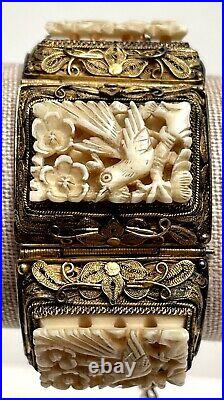 Vintage Antique Chinese Export Sterling Silver Carved Panel Link Bracelet With Box