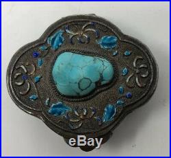 Vintage Antique Chinese Export sterling Silver & Enamel Turquoise Pill Box