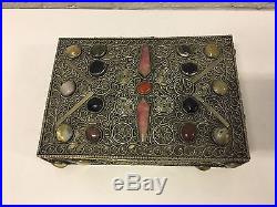 Vintage Antique Chinese Possibly Silver Box with Various Inset Stones