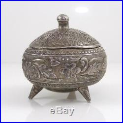 Vintage Antique Chinese Silver Floral Etched Jewelry Pill Box Lidded Jar LFD6