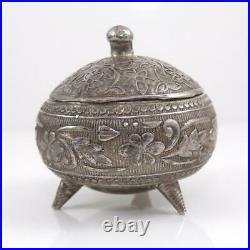 Vintage Antique Chinese Silver Floral Etched Jewelry Pill Box Lidded Jar LHA3