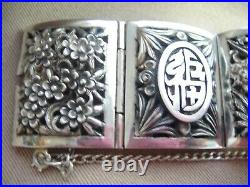 Vintage Chinese 4-Seasons Sterling Silver 8-Panel Bracelet Box Clasp 66g