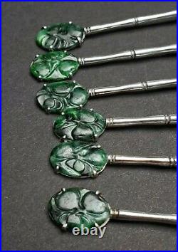 Vintage Chinese Art-deco Wai Kee Silver & Green Jade Iced Tea Spoons (6) Boxed