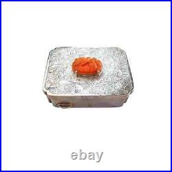 Vintage Chinese Export Engraved Silver Carved Coral Mouse Pill Box