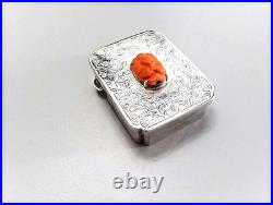 Vintage Chinese Export Engraved Silver Carved Coral Mouse Pill Box