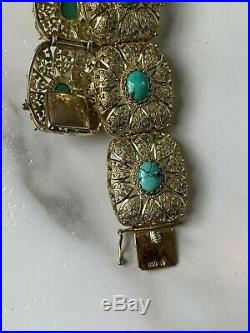 Vintage Chinese Export Gold Gilt Filigree Turquoise Bracelet Box Clasp Not Scrap