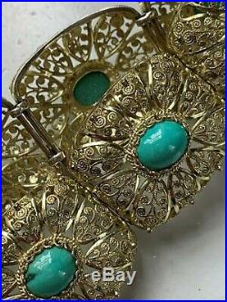 Vintage Chinese Export Gold Gilt Filigree Turquoise Bracelet Box Clasp Not Scrap