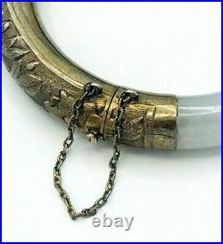 Vintage Chinese Export Green JADE Sterling Silver Repousse Bangle Bracelet