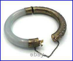 Vintage Chinese Export Green JADE Sterling Silver Repousse Bangle Bracelet