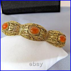 Vintage Chinese Export Orange Carnelian Sterling Silver Gilt Bracelet 6.75 C693