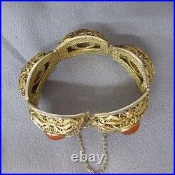 Vintage Chinese Export Orange Carnelian Sterling Silver Gilt Bracelet 6.75 C693