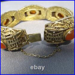 Vintage Chinese Export Orange Carnelian Sterling Silver Gilt Bracelet 6.75 C693