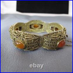 Vintage Chinese Export Orange Carnelian Sterling Silver Gilt Bracelet 6.75 C693