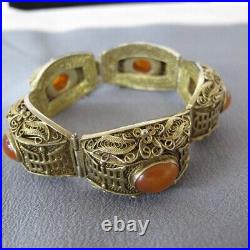 Vintage Chinese Export Orange Carnelian Sterling Silver Gilt Bracelet 6.75 C693