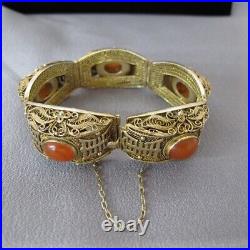 Vintage Chinese Export Orange Carnelian Sterling Silver Gilt Bracelet 6.75 C693