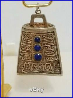 Vintage Chinese Export Silver & Enamel Filigree Bell Shaped Hinged Box Pendant