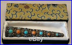 Vintage Chinese Finger Nail Coral Turquoise Enamel Silver Brooch Pin Orig Box