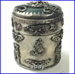 Vintage Chinese Folk-Art Tibet Jade/Silver Tobacco Pipe Snuff Box 2pc. Set