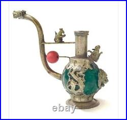 Vintage Chinese Folk-Art Tibet Jade/Silver Tobacco Pipe Snuff Box 2pc. Set