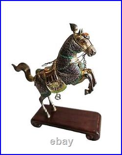 Vintage Chinese Gilt Silver Jade Enamel Horse Figurine With Wood Stand