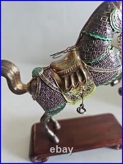 Vintage Chinese Gilt Silver Jade Enamel Horse Figurine With Wood Stand