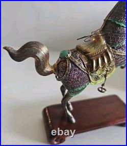 Vintage Chinese Gilt Silver Jade Enamel Horse Figurine With Wood Stand