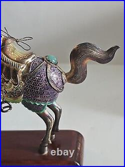 Vintage Chinese Gilt Silver Jade Enamel Horse Figurine With Wood Stand