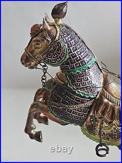 Vintage Chinese Gilt Silver Jade Enamel Horse Figurine With Wood Stand