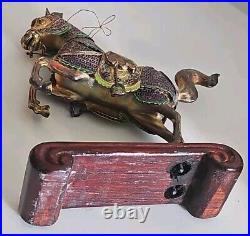 Vintage Chinese Gilt Silver Jade Enamel Horse Figurine With Wood Stand