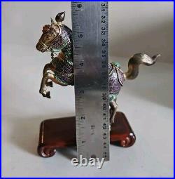 Vintage Chinese Gilt Silver Jade Enamel Horse Figurine With Wood Stand