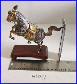 Vintage Chinese Gilt Silver Jade Enamel Horse Figurine With Wood Stand