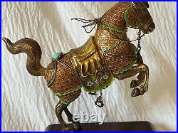 Vintage Chinese Gilt Silver Turquoise Enamel Horse Figurine on Wood Stand