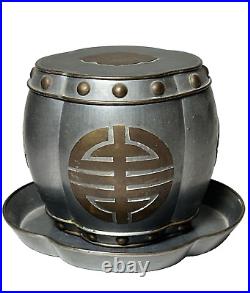 Vintage Chinese Pewter, Metal Tea Caddy, Trinkets box Brass Detailed