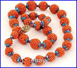 Vintage Chinese Red Orange CORAL Necklace Silver Enamel Natural Beads 22.5