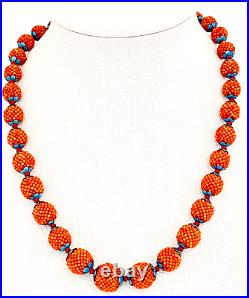 Vintage Chinese Red Orange CORAL Necklace Silver Enamel Natural Beads 22.5