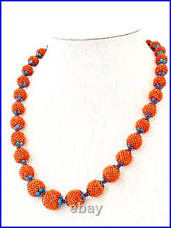 Vintage Chinese Red Orange CORAL Necklace Silver Enamel Natural Beads 22.5