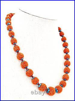 Vintage Chinese Red Orange CORAL Necklace Silver Enamel Natural Beads 22.5