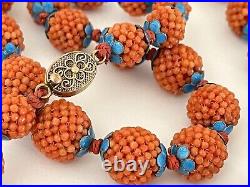 Vintage Chinese Red Orange CORAL Necklace Silver Enamel Natural Beads 22.5