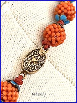 Vintage Chinese Red Orange CORAL Necklace Silver Enamel Natural Beads 22.5