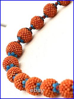 Vintage Chinese Red Orange CORAL Necklace Silver Enamel Natural Beads 22.5