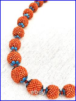 Vintage Chinese Red Orange CORAL Necklace Silver Enamel Natural Beads 22.5