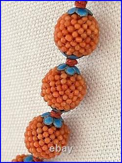 Vintage Chinese Red Orange CORAL Necklace Silver Enamel Natural Beads 22.5